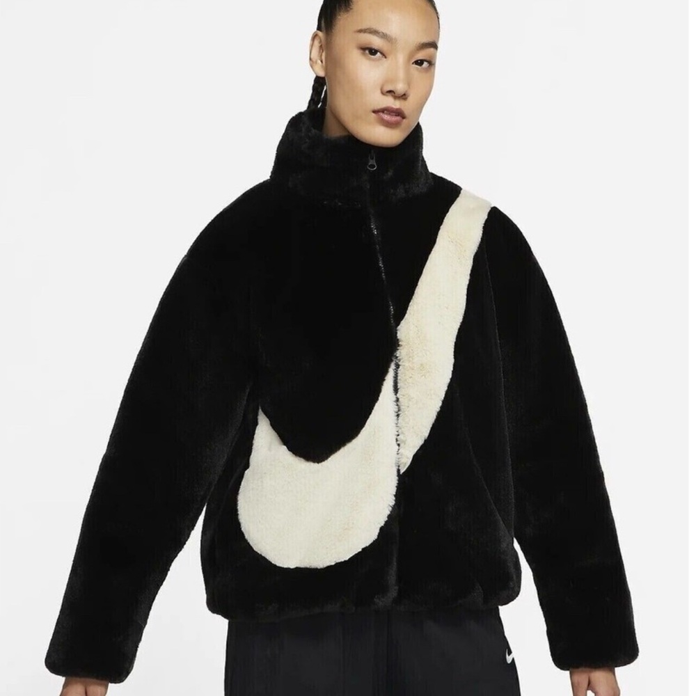 Nike Women's Sportswear Faux Fur Swoosh Jacket -Black size L